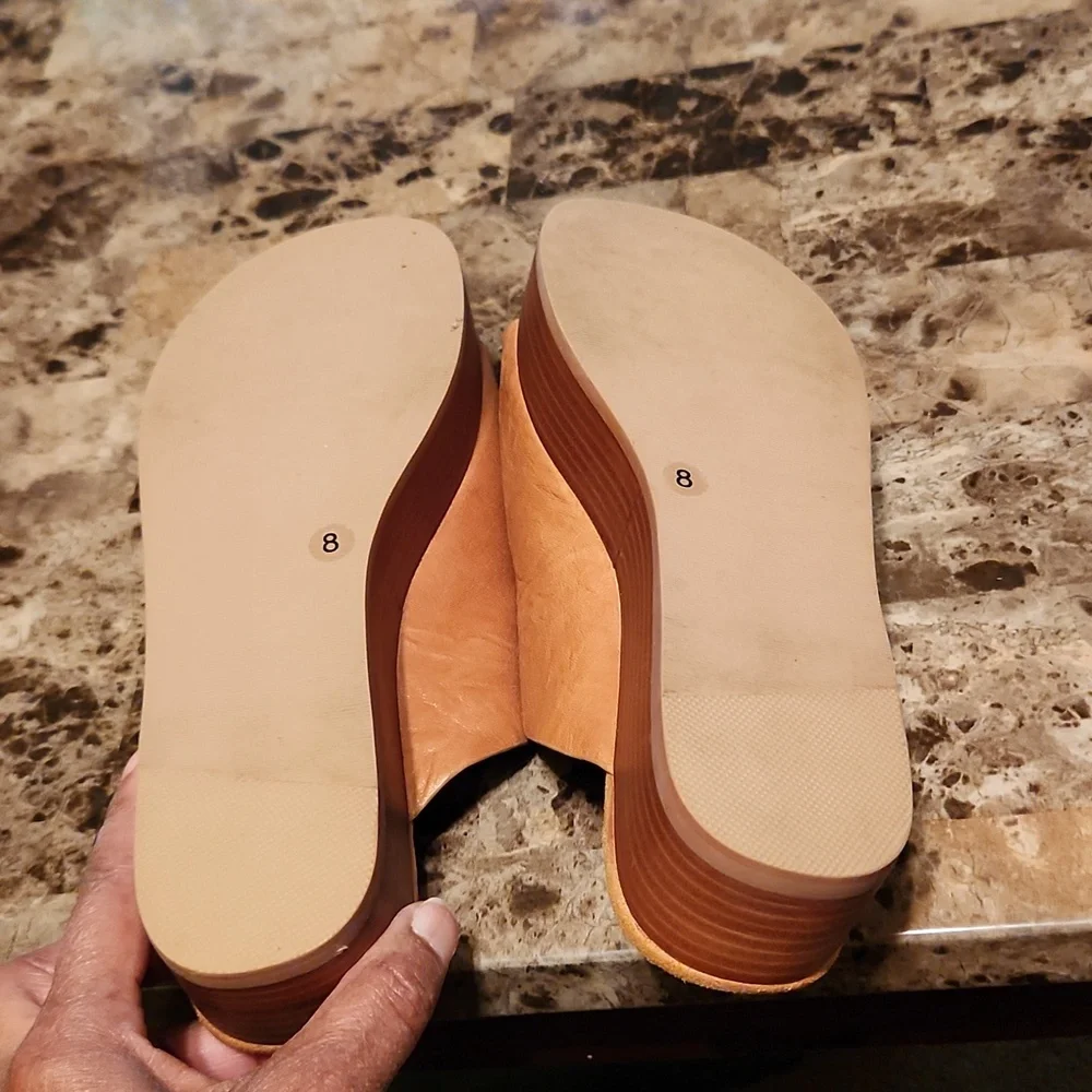 Kelsi Dagger Tan Platform Slides with Gold Buckle